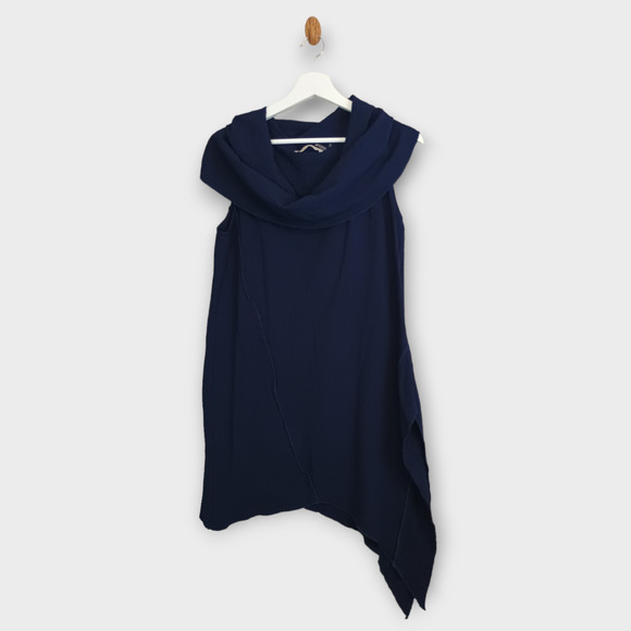 Soft Surroundings Tunic Women Small Navy Blue Cowl Neck Asymmetric Crinkle Dress - Picture 1 of 5